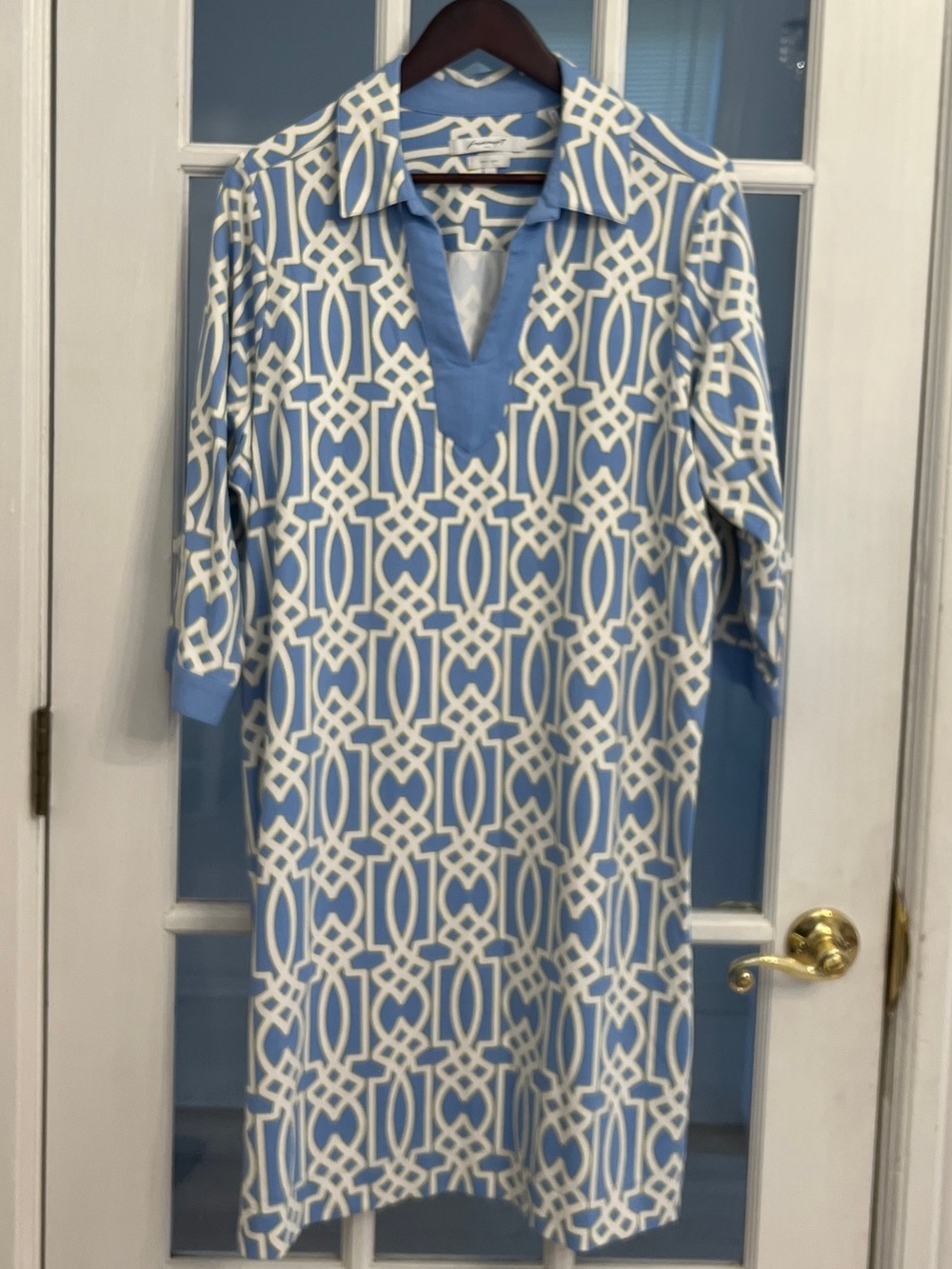 FOXCROFT Women’s Blue White Geometric Stretch Tunic Shirt Dress Plus Size 1X